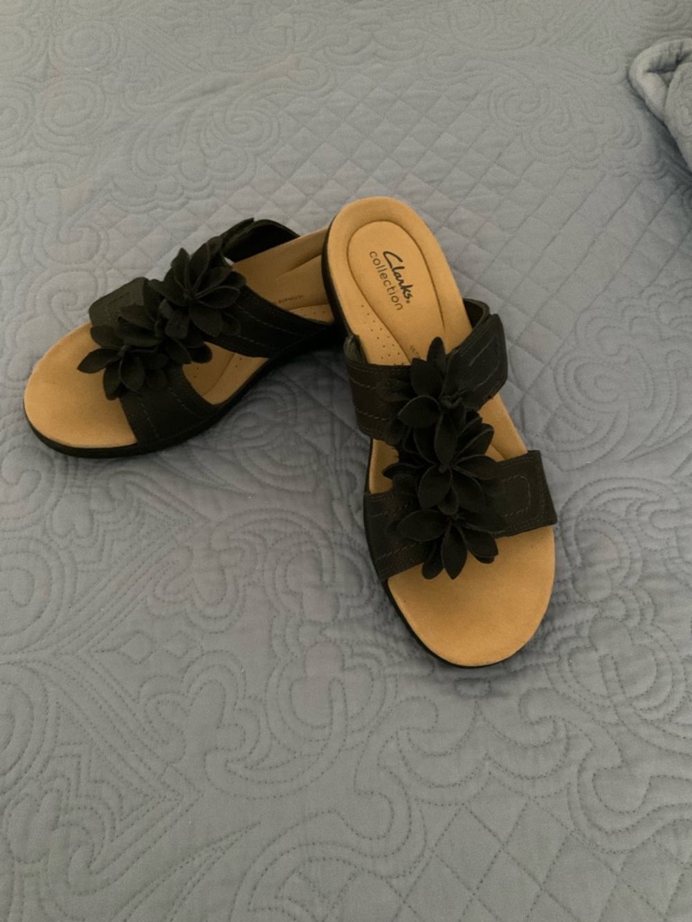 Clarks Black Floral Slide Sandals with Tan Footbed